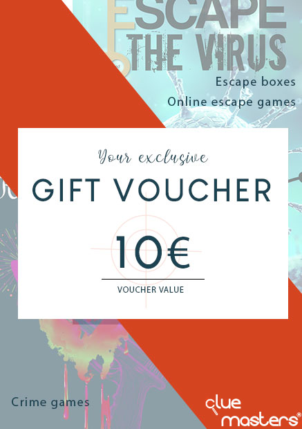 Gift voucher from Cluemasters for crime games and escape boxes